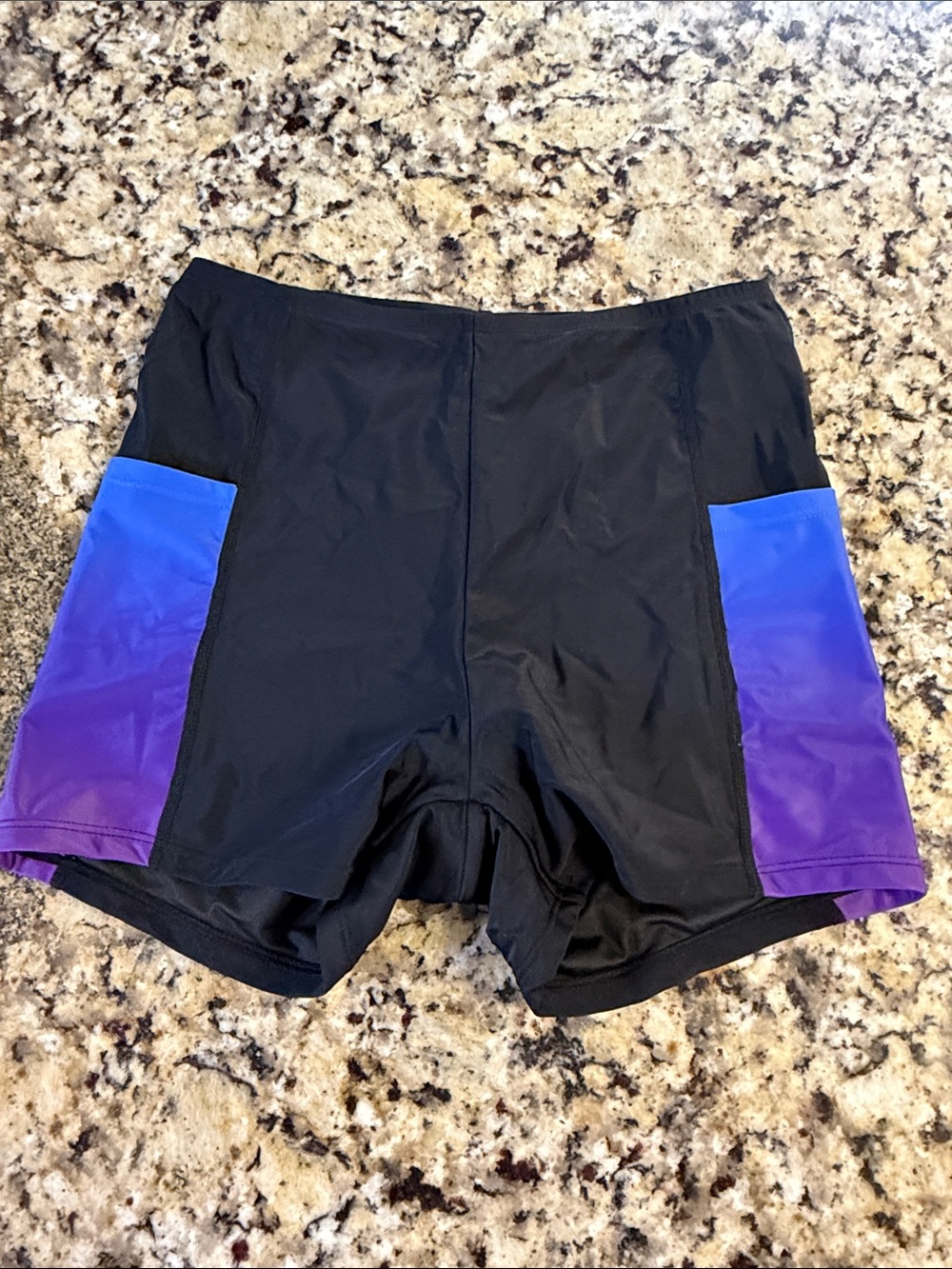 Women's Black Swim Shorts with Blue-Purple Side Panels new without tags